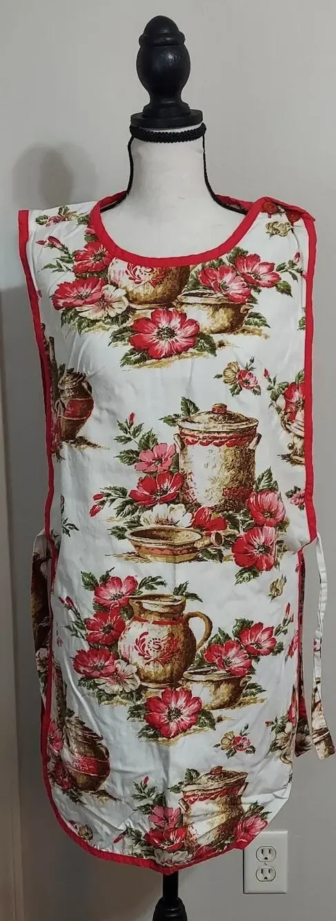 Vtg 1950s 1960s Carmen Lee Smock Apron Full Bib Cottagecore Pitcher Floral Red
